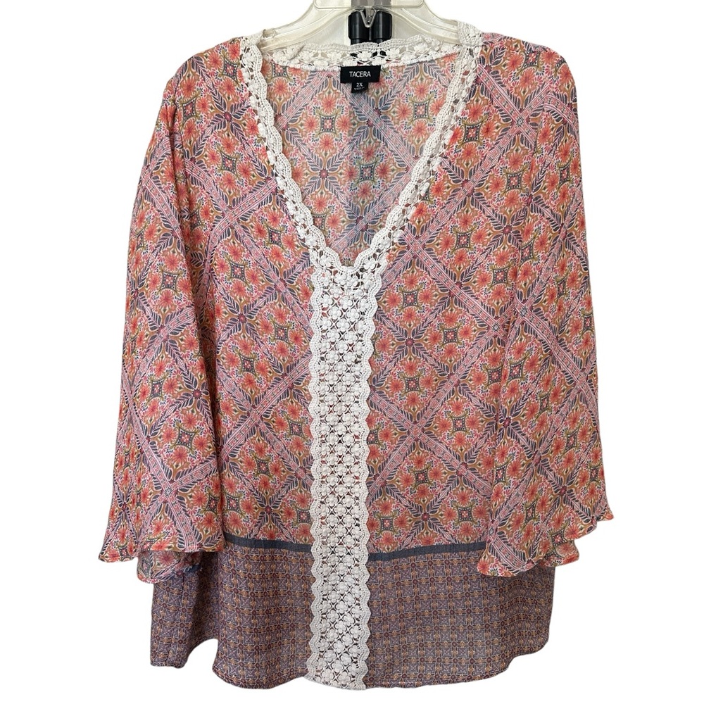 Tacera‎ 2X Crochet Detail V-neck Cottagecore Blouse